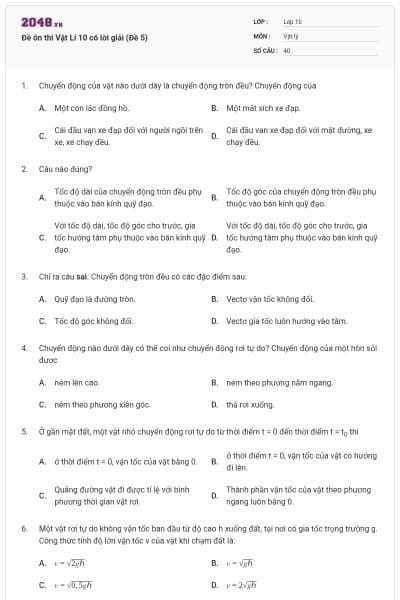 Đề ôn thi Vật Lí 10 có lời giải (Đề 5)