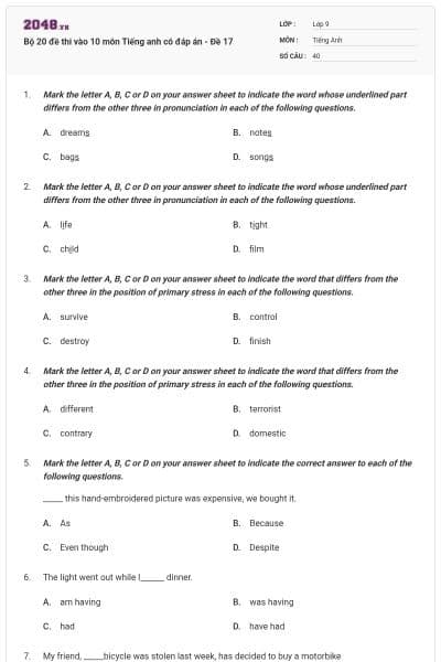 Bộ 20 đề thi vào 10 môn Tiếng anh có đáp án - Đề 17