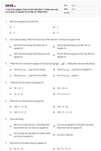 7 câu Trắc nghiệm Toán 6 Cánh diều Bài 11: Phân tích một số ra thừa số nguyên tố có đáp án ( Nhận biết )