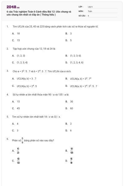 6 câu Trắc nghiệm Toán 6 Cánh diều Bài 12: Ước chung và ước chung lớn nhất có đáp án ( Thông hiểu )