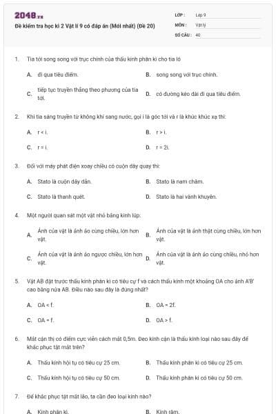 Đề kiểm tra học kì 2 Vật lí 9 có đáp án (Mới nhất) (Đề 20)