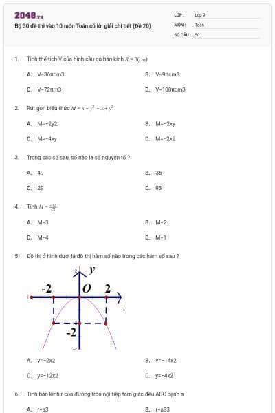 Bộ 30 đề thi vào 10 môn Toán có lời giải chi tiết (Đề 20)