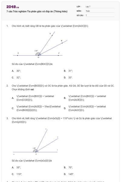 7 câu Trắc nghiệm Tia phân giác có đáp án (Thông hiểu)
