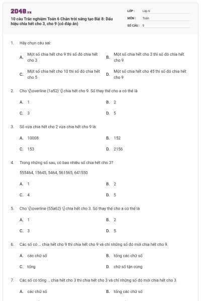10 câu Trắc nghiệm Toán 6 Chân trời sáng tạo Bài 8: Dấu hiệu chia hết cho 3, cho 9 (có đáp án)