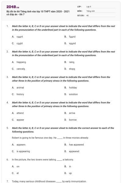 Bộ đề ôn thi Tiếng Anh vào lớp 10 THPT năm 2020 - 2021 có đáp án - Đề 7