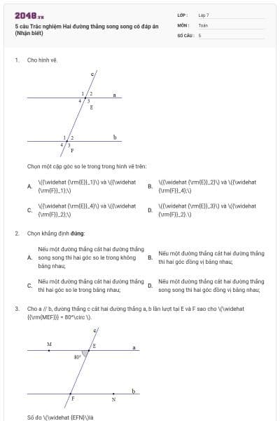 5 câu Trắc nghiệm Hai đường thẳng song song có đáp án (Nhận biết)