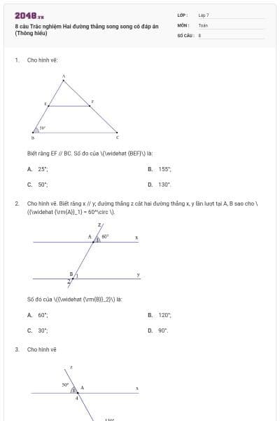 8 câu Trắc nghiệm Hai đường thẳng song song có đáp án (Thông hiểu)
