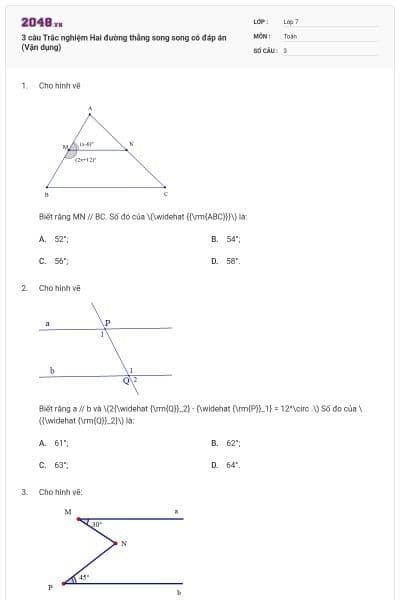 3 câu Trắc nghiệm Hai đường thẳng song song có đáp án (Vận dụng)
