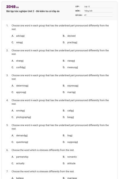 Bài tập trắc nghiệm Unit 2 - Đề kiểm tra có đáp án