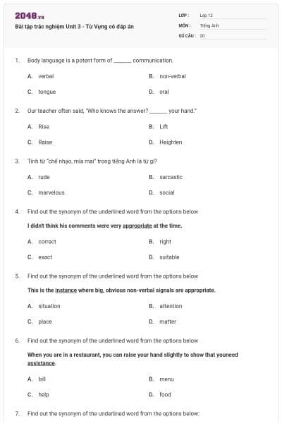 Bài tập trắc nghiệm Unit 3 - Từ Vựng có đáp án