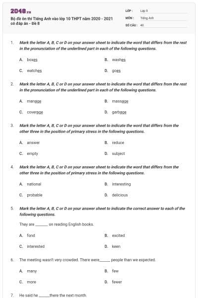 Bộ đề ôn thi Tiếng Anh vào lớp 10 THPT năm 2020 - 2021 có đáp án - Đề 8