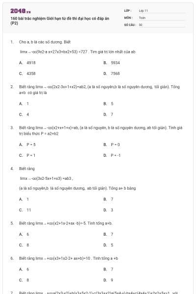 160 bài trắc nghiệm Giới hạn từ đề thi đại học có đáp án (P2)