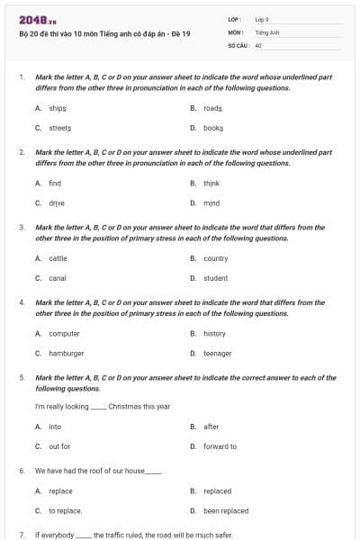 Bộ 20 đề thi vào 10 môn Tiếng anh có đáp án - Đề 19