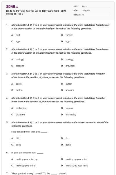 Bộ đề ôn thi Tiếng Anh vào lớp 10 THPT năm 2020 - 2021 có đáp án - Đề 9