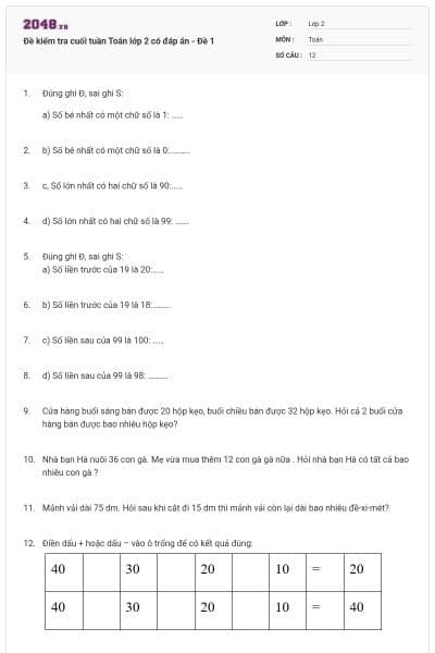Đề kiểm tra cuối tuần Toán lớp 2 có đáp án - Đề 1