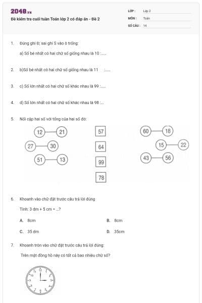 Đề kiểm tra cuối tuần Toán lớp 2 có đáp án - Đề 2