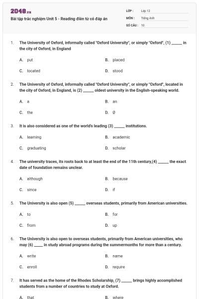 Bài tập trắc nghiệm Unit 5 - Reading điền từ có đáp án