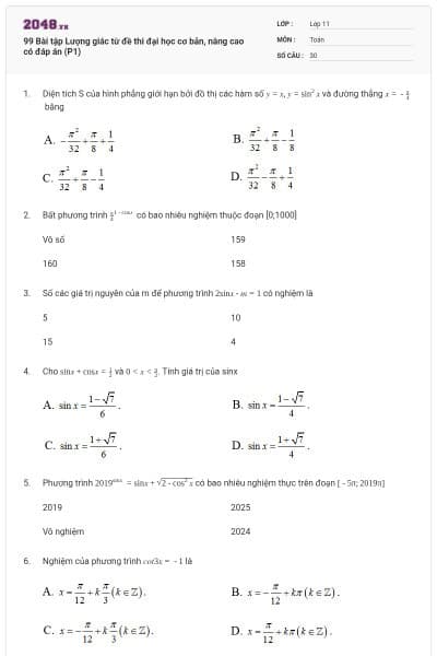 99 Bài tập Lượng giác từ đề thi đại học cơ bản, nâng cao có đáp án (P1)