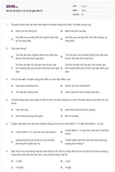 Đề ôn thi Vật Lí 10 có lời giải (Đề 5)