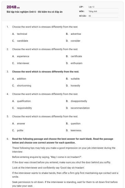 Bài tập trắc nghiệm Unit 6 - Đề kiểm tra có đáp án