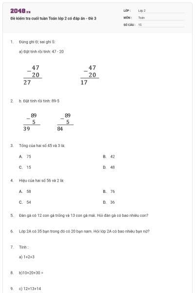 Đề kiểm tra cuối tuần Toán lớp 2 có đáp án - Đề 3