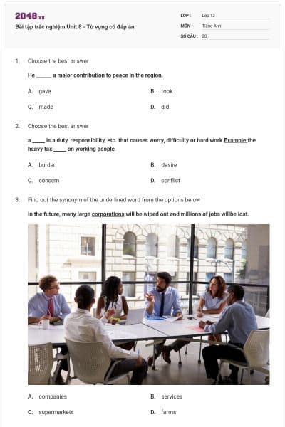 Bài tập trắc nghiệm Unit 8 - Từ vựng có đáp án