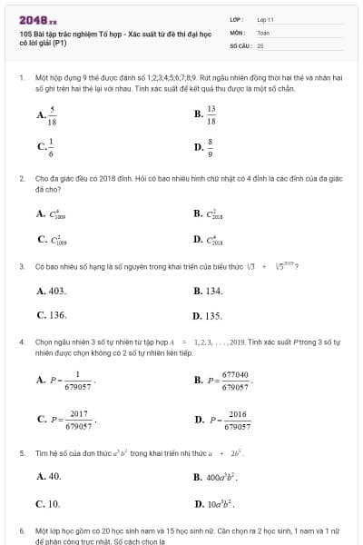 105 Bài tập trắc nghiệm Tổ hợp - Xác suất từ đề thi đại học có lời giải (P1)