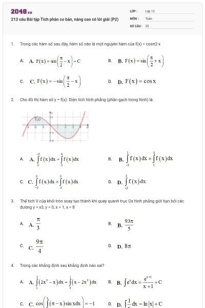 213 câu Bài tập Tích phân cơ bản, nâng cao có lời giải (P2)