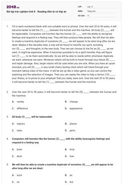 Bài tập trắc nghiệm Unit 8 - Reading điền từ có đáp án