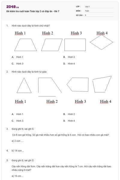 Đề kiểm tra cuối tuần Toán lớp 2 có đáp án - Đề 7