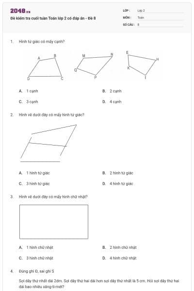 Đề kiểm tra cuối tuần Toán lớp 2 có đáp án - Đề 8