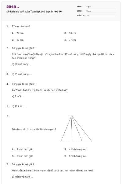 Đề kiểm tra cuối tuần Toán lớp 2 có đáp án - Đề 10