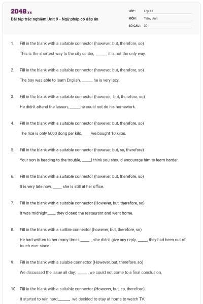 Bài tập trắc nghiệm Unit 9 - Ngữ pháp có đáp án