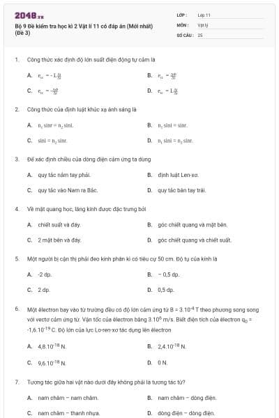 Bộ 9 Đề kiểm tra học kì 2 Vật lí 11 có đáp án (Mới nhất) (Đề 3)