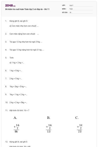 Đề kiểm tra cuối tuần Toán lớp 2 có đáp án - Đề 11
