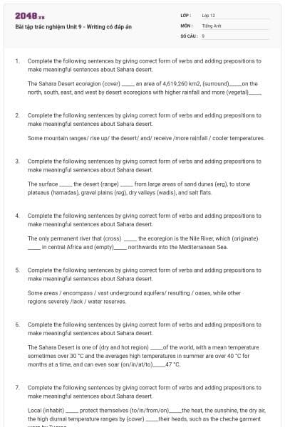 Bài tập trắc nghiệm Unit 9 - Writing có đáp án