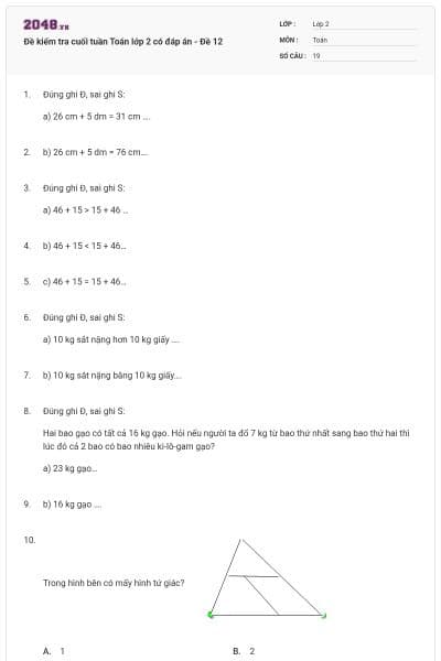 Đề kiểm tra cuối tuần Toán lớp 2 có đáp án - Đề 12