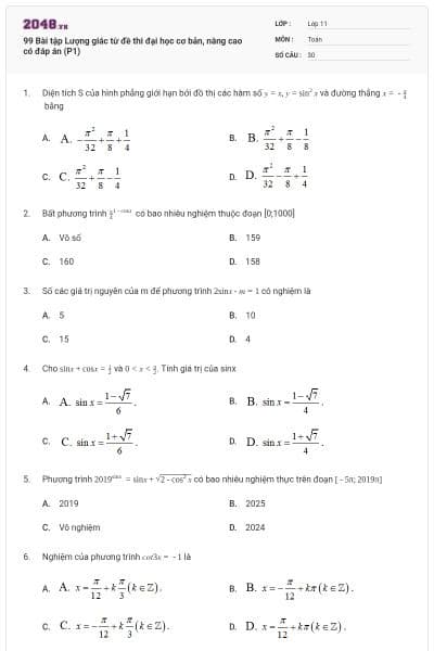 99 Bài tập Lượng giác từ đề thi đại học cơ bản, nâng cao có đáp án (P1)