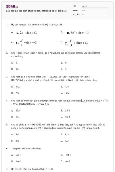 213 câu Bài tập Tích phân cơ bản, nâng cao có lời giải (P3)