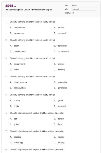 Bài tập trắc nghiệm Unit 10 - Đề kiểm tra có đáp án