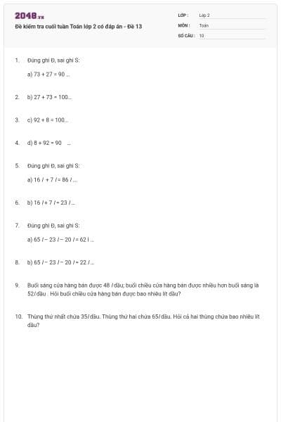 Đề kiểm tra cuối tuần Toán lớp 2 có đáp án - Đề 13