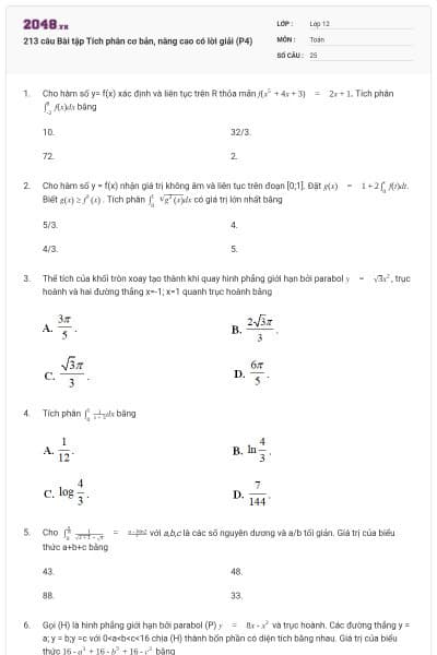 213 câu Bài tập Tích phân cơ bản, nâng cao có lời giải (P4)