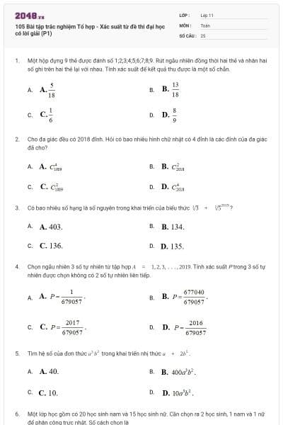105 Bài tập trắc nghiệm Tổ hợp - Xác suất từ đề thi đại học có lời giải (P1)