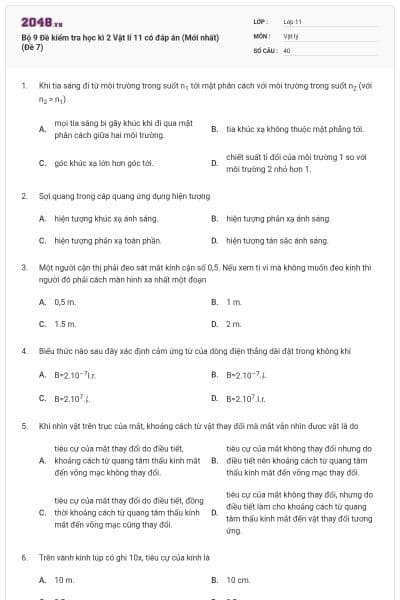 Bộ 9 Đề kiểm tra học kì 2 Vật lí 11 có đáp án (Mới nhất) (Đề 7)