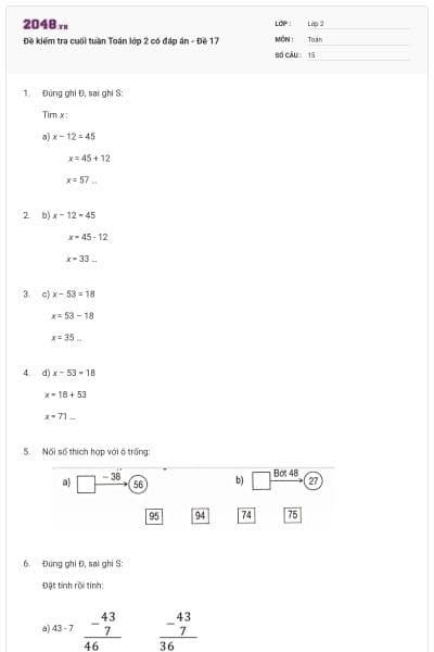 Đề kiểm tra cuối tuần Toán lớp 2 có đáp án - Đề 17