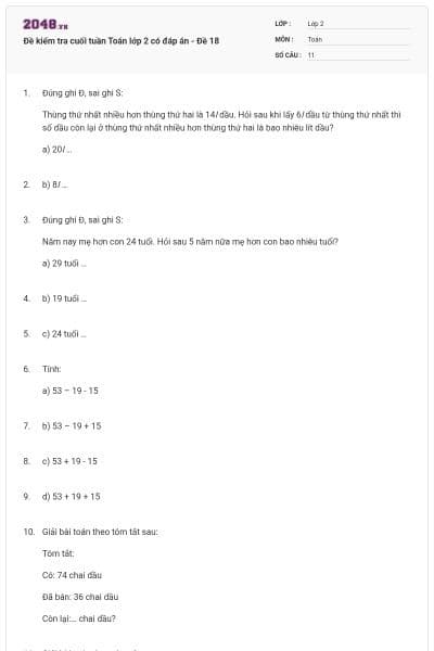 Đề kiểm tra cuối tuần Toán lớp 2 có đáp án - Đề 18