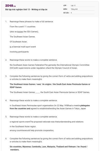 Bài tập trác nghiệm Unit 13 - Writing có đáp án