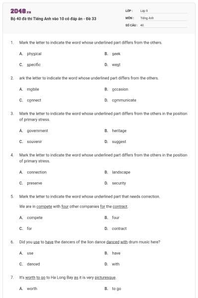 Bộ 40 đề thi Tiếng Anh vào 10 có đáp án - Đề 33