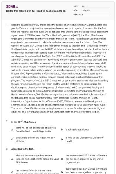 Bài tập trác nghiệm Unit 13 - Reading đọc hiểu có đáp án