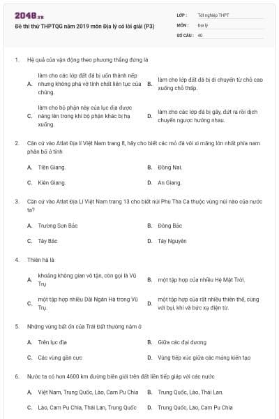 Đề thi thử THPTQG năm 2019 môn Địa lý có lời giải (P3)